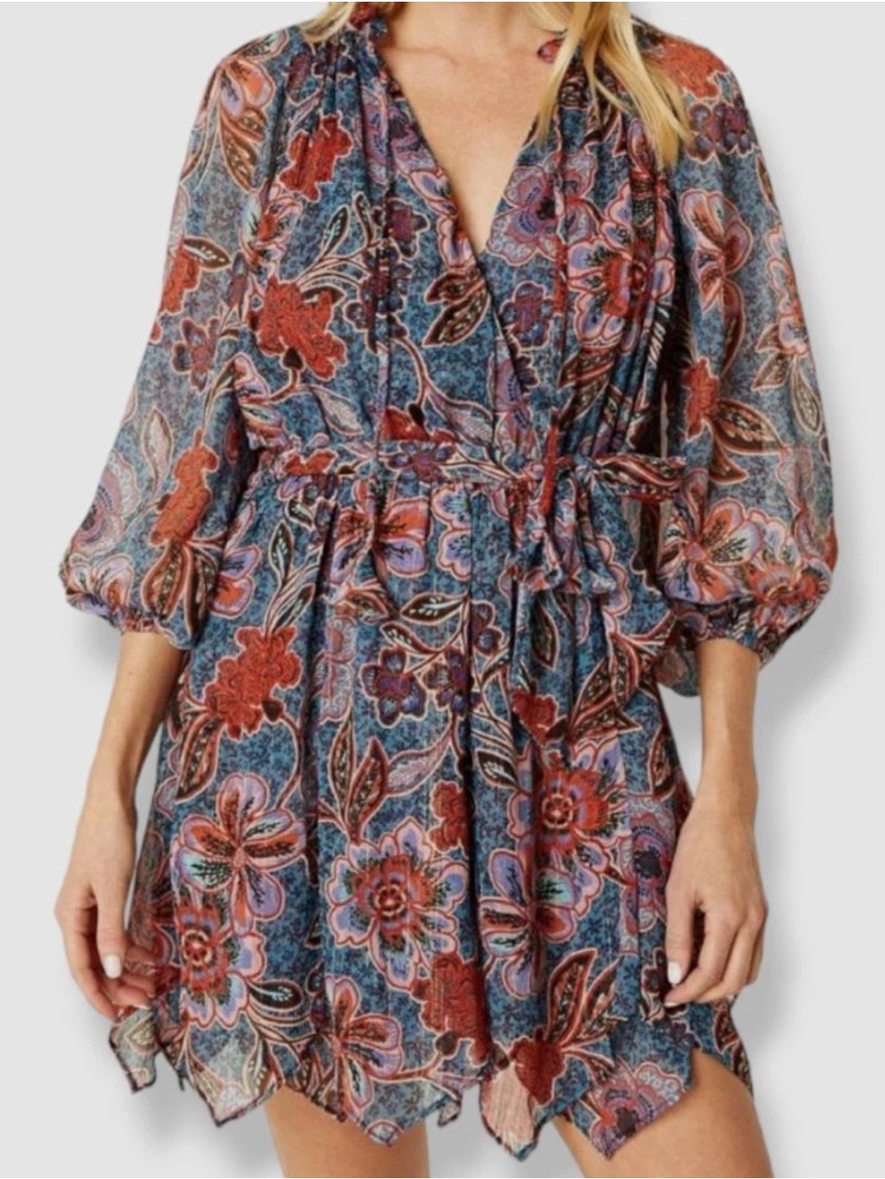 MISA Los Angeles Tara Cerulean Metallic Floral Blouson Mini Dress NWOT S*NO TIE*